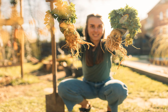 Proud young woman holding celeriac in garden