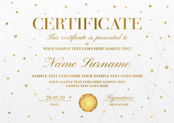 Certificate template with golden stars ,line pattern and gold emblem. White holiday background useful for Diploma, certificate of appreciation, award design