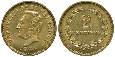 Salvador, Salvadoran coin 2 two centavos 1974, head of Francisco Morazan left, denomination within...
