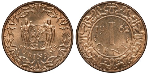 Suriname Surinamese coin 1 one cent 1962, shield with supporters within floral wreath,...