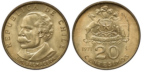Chile Chilean coin 20 twenty centesimos 1971, bust of Jose Manuel Balmaceda 3/4 left, shield with...