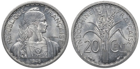 French Indo-China aluminum coin 20 twenty centimes 1945, bust right holding laurel, rice sprouts divide denomination,