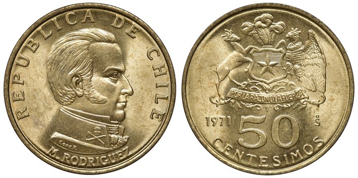 Chile Chilean coin 50 fifty centesimos 1971, bust of lawyer and guerilla leader Manuel Rodriguez right, shield with star supported by deer and condor, plume above, 