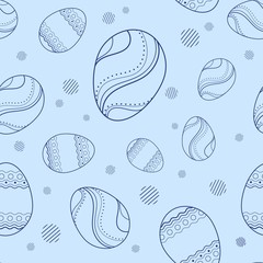 Vector seamless pattern with easter eggs with geometric elements on a blue background. Ornamental image for Easter celebration. Picture for packaging and textiles. Easter card