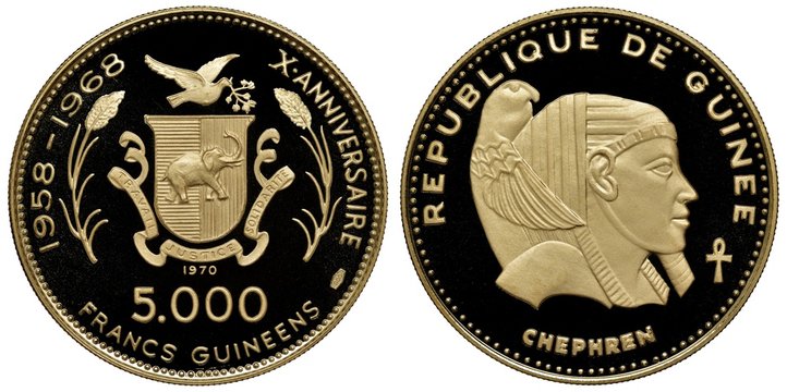 Guinea Guinean golden coin 5000 five thousand francs 1970, subject 10th Anniversary of independence, arms, shield with elephant flanked by sprigs, head of pharaoh Khafra (Khefren),