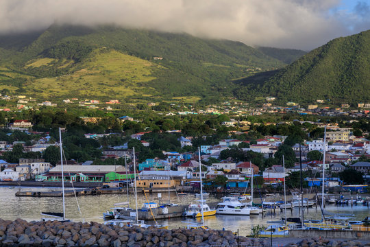 Basseterre, sunrise, elevated view from the sea, Basseterre, St. Kitts, St. Kitts and Nevis, Leeward Islands, West Indies, Caribbean, Central America