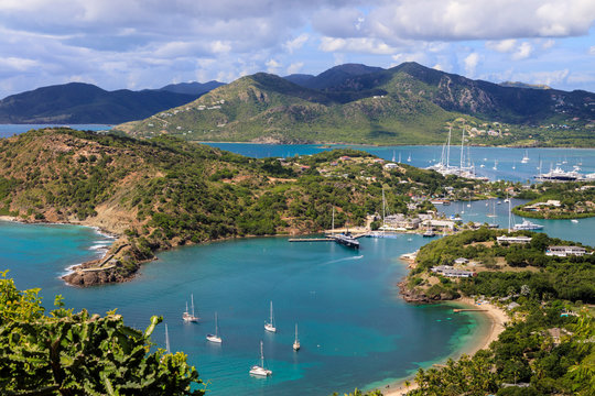 Galleon Beach, Freemans Bay, Nelsons Dockyard and English Harbour, Falmouth Harbour, from Shirley Heights, Antigua, Antigua and Barbuda, Leeward Islands, West Indies, Caribbean, Central America