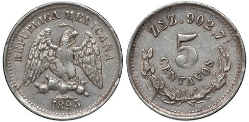 Mexico Mexican silver coin 5 five centavos 1894, eagle on cactus with snake in beak, denomination and date above wreath,