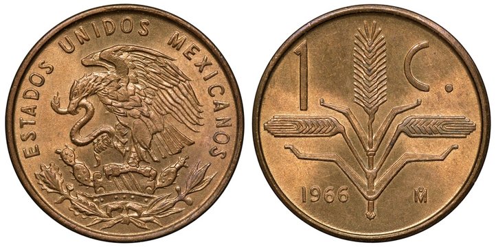 Mexico Mexican coin 1 one centavo 1966, eagle on cactus with snake in beak, denomination and date divided by three grain stalks,