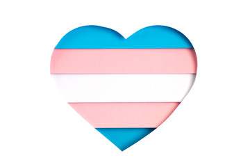 Transgender flag in the form of paper cut out shape with blue, pink and white colors. Love, pride, diversity, tolerance, equality concept