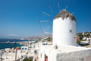 Nice view of the symbol of the Greek island of Mykonos - windmill on the background of the...