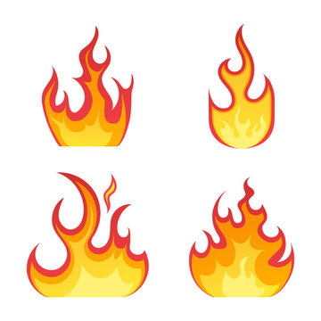 Fire flames vector icons in cartoon style on a white background. Flames of different shapes. Fireball set, flames symbols. Vector illustration.