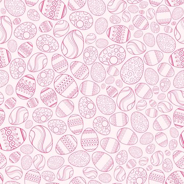 Vector seamless pattern with easter eggs with geometric elements on a pink background. Ornamental image for Easter celebration. Picture for packaging and textiles. Easter card