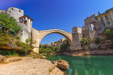 Fototapeta na wymiar Stari Most, old bridge in Mostar by day, Bosnia and Herzegovina