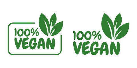 Vegan icon set logos and badges, label, tag. Green leaf on white background. Vector illustration.