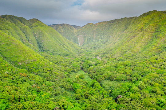 Aerial view by drone of Halawa valley, Molokai Island, Hawaii, United States of America, North America