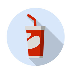 Soda in red packaging. Funny icon. Glass with straw. The element of fast food in blue circle. Flat cartoon illustration