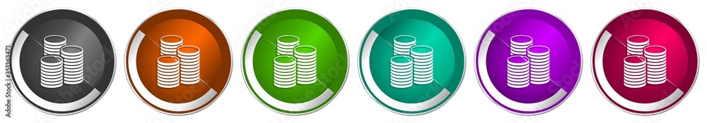 Poster money icon set, business and finance silver metallic chrome border vector web buttons in 6 colors op