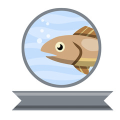 Logo of fish in circle. Blue water with bubbles. Ribbon for text. Flat cartoon. Element of fishing and fish restaurant. Gray marine animal underwater