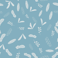 Fototapeta premium Hand drawn leaves seamless pattern. Simple floral vector blue background. Surface design. Isolated element. Vector design illustration. hand drawing