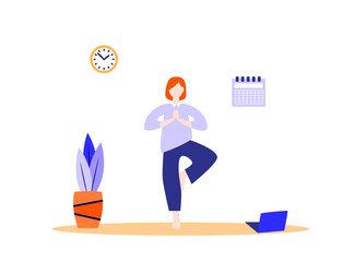 Vector illustration of young woman doing yoga during work break.