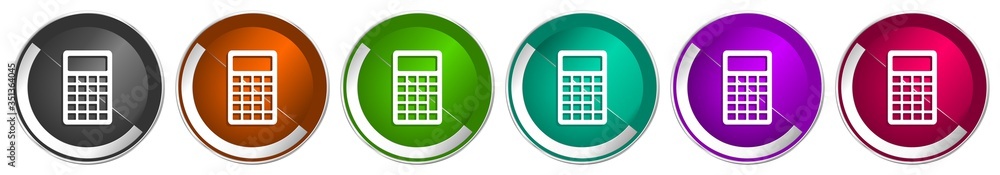 Poster calculator icon set, silver metallic chrome border vector web buttons in 6 colors options for webdes