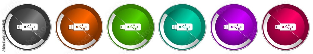 Poster Usb icon set, silver metallic chrome border vector web buttons in 6 colors options for webdesign