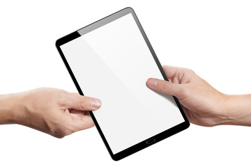 Hands sharing black tablet, isolated on white background