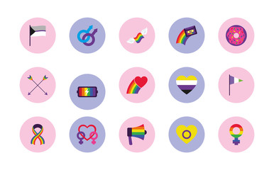 lgbt flags and pride icon set, block style