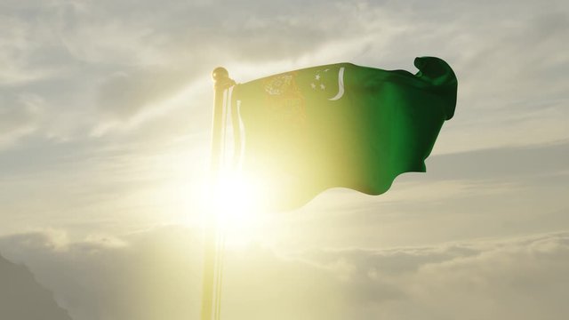 Flag of Turkmenistan Waving in the wind, Sky and Sun Background, Slow Motion, Realistic Animation, 4K UHD 60 FPS Slow-Motion