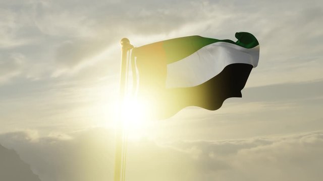 Flag of United Arab Emirates Waving in the wind, Sky and Sun Background, Slow Motion, Realistic Animation, 4K UHD 60 FPS Slow-Motion