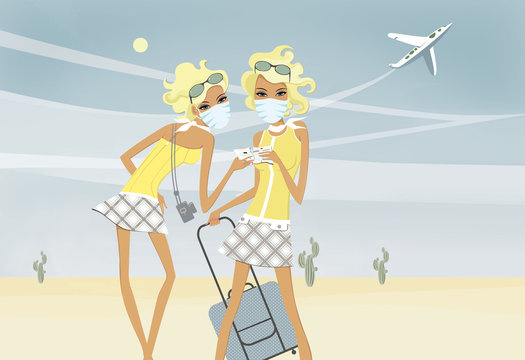 Two blondes in medical masks with a suitcase and plane tickets in their hands. Tourism and quarantine. Illustration
