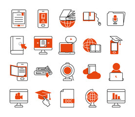 web cam and online learning icon set, half line half color style