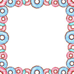 frame with donuts of bright and juicy colors, pink and blue donuts, print, card, invitation, menu
