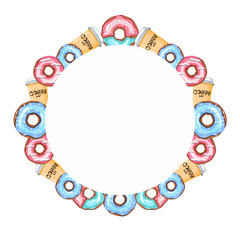 frame with donuts of bright and juicy colors, donuts of pink and yellow and blue, print, card, invitation, menu