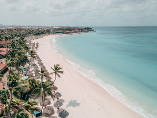 Arial drone shot of Divi Beach Aruba, entirely empty.