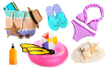 Set of different stylish beach objects on white background