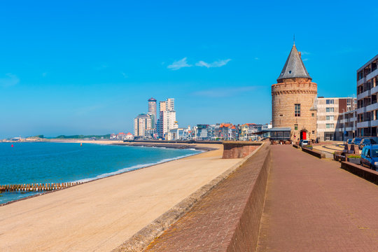 Coastline of Flushing (Dutch: Vlissingen), a city in the Dutch province of Zeeland, Netherlands. The Prison Tower to the right was completed in the late 15th century.