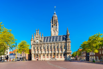 Fototapeta na wymiar City Hall of Middelburg, Zeeland province, Netherlands. The late gothic styled building was completed in 1520. Middelburg is the capital of Zeeland.