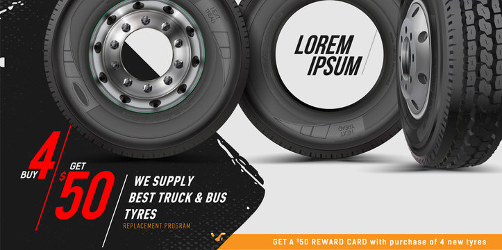 Truck tire, wheel of semi truck banner.  Realistic vector shining disk. Trucking Industry banners. Logistic truck driver delivery service business card template. New Truck wheel class eight.