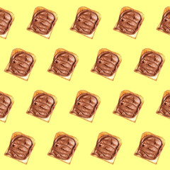 Set of delicious toasted bread with chocolate spread on yellow background, top view