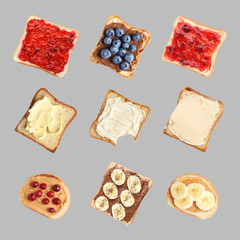 Set of delicious toasted bread with different toppings on grey background, top view