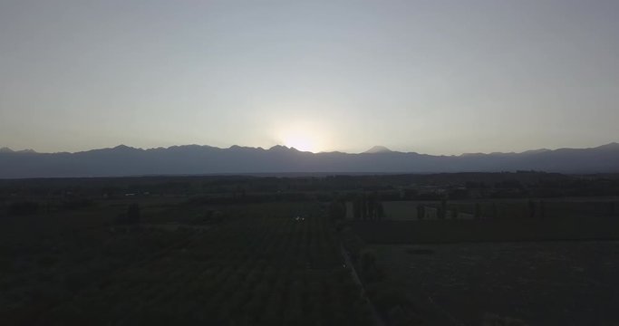 Ascending Aerial Flight over field at golden hour towards Mountain Range of Cordillera de los Andes. Drone, 4K. 
Valle de Uco, Tupungato, Mendoza, Patagonia, Argentina