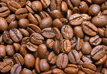 Background of roasted coffee beans, close-up view from above
