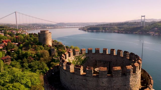 Fatih Sultan Mehmet Bridge, Second Bosphorus Bridge from Istanbul Turkiye. Aerial view.