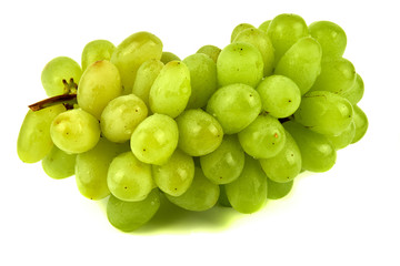 Wine grapes, table grapes. Fresh fruit. Bunch of grapes and raisins on a white background.