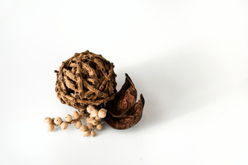 Nature object (canela, ball of larch branch,
lily petals) for decoration isolated on a white background.