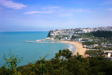 Overview of Peschici (FG), a small tourist village located on the Gargano promontory in Puglia,...
