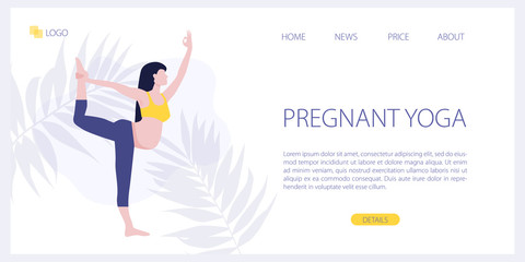 Vector site template of yoga studio or online class. Pregnant yoga fitness concept. Wellness and healthy lifestyle in pregnance. Woman expecting a baby doing yoga exercises. Landing page illustration