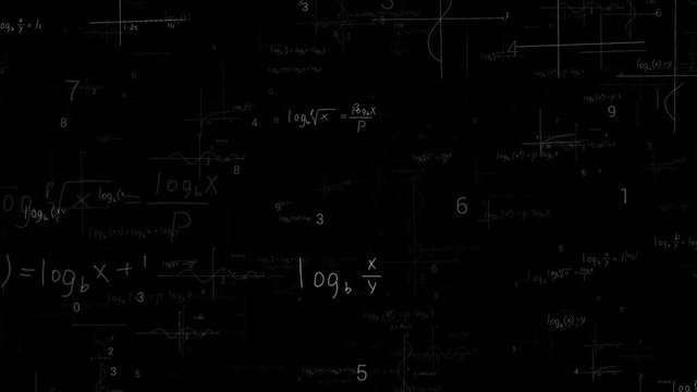 PNG Alpha.Math logarithms formulas and  trigonometric functions.Looping animation.Seamless fly through mathematics formulas. School, University and Institute Program. Online learning.